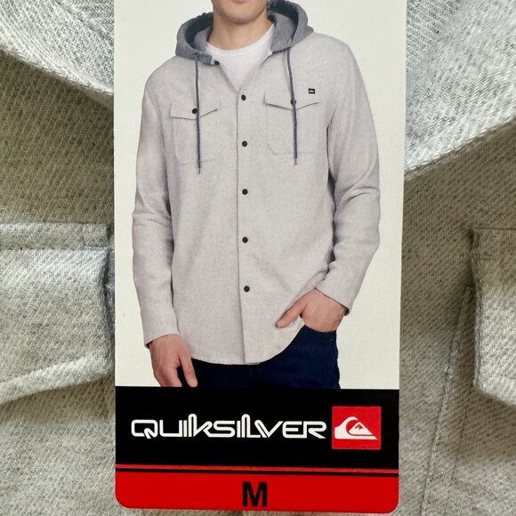 New Quiksilver Hooded Buttoned Flannel Shirt Men's Size M Gray Plaid Y2K Grunge - Picture 6 of 13
